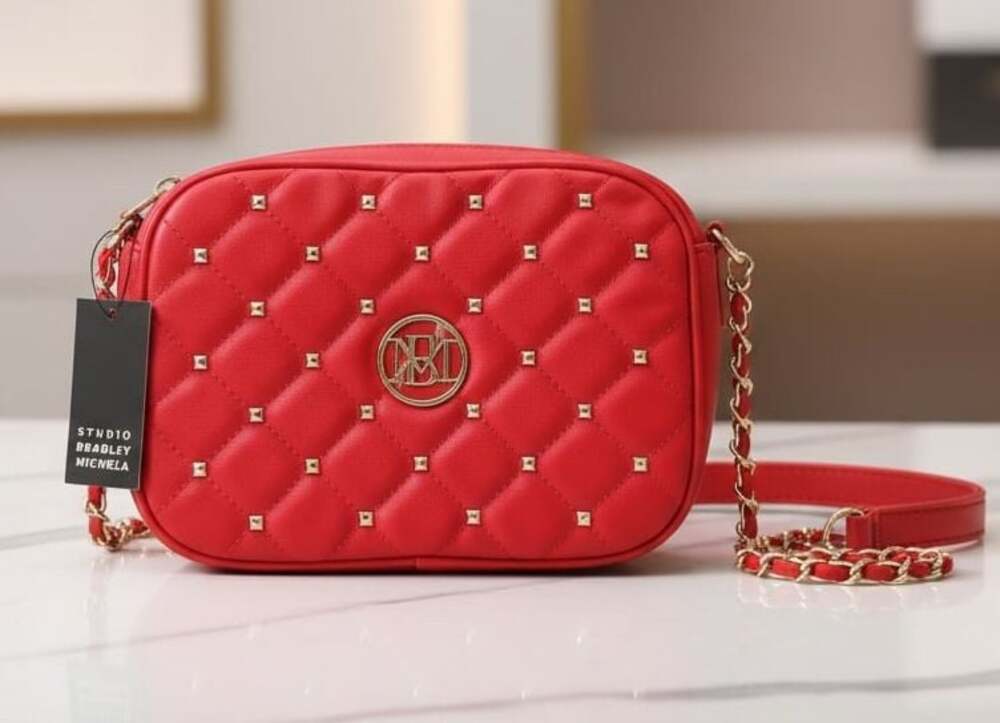 Studio Badgley Mischka Red Diamond Quilted Camera Bag with Studs, One Size
